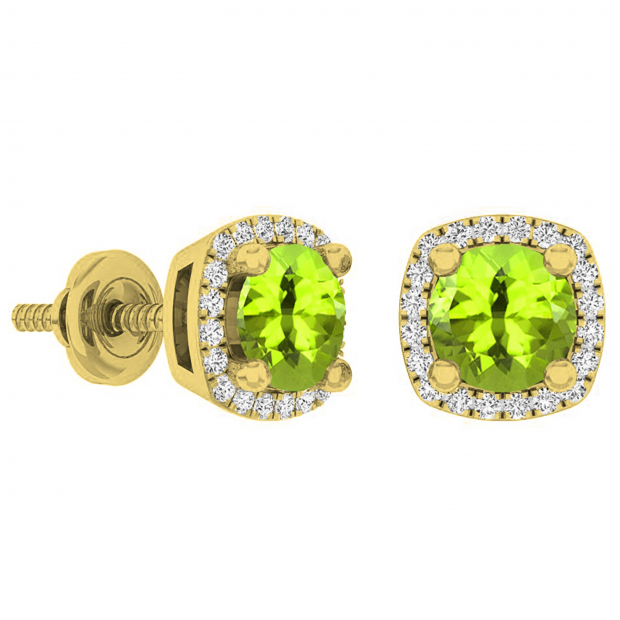 18K Yellow Gold 5 MM Each Round Cut Peridot & White Diamond Ladies Halo Stud Earrings